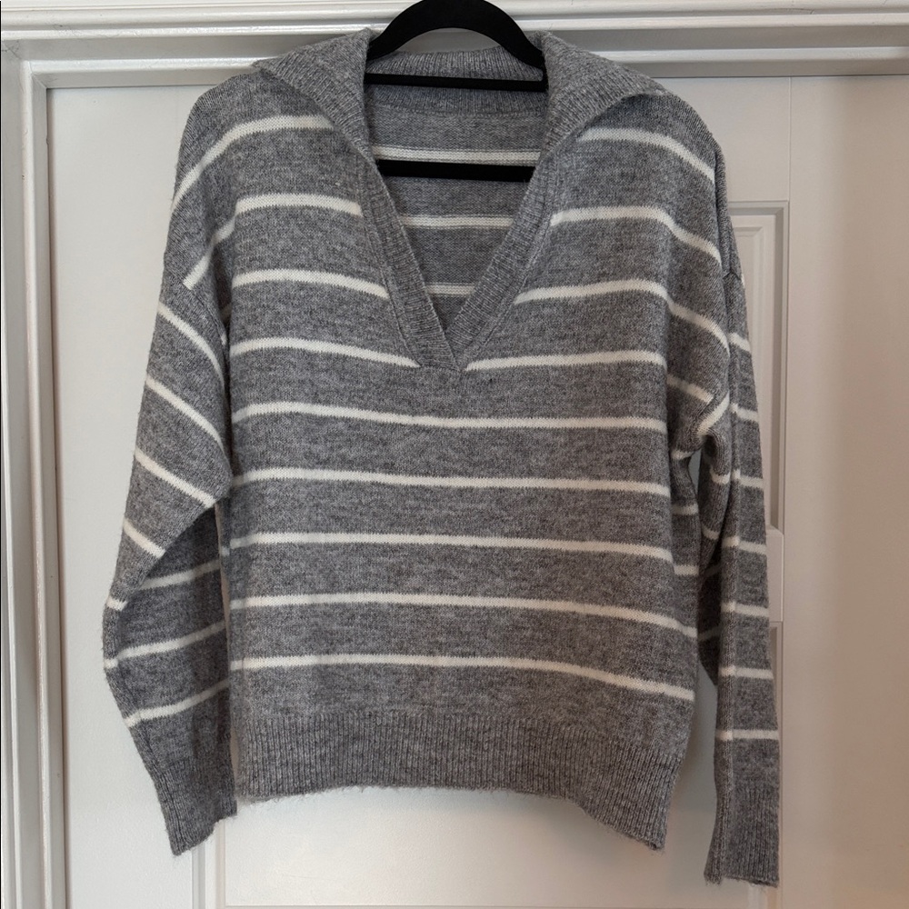 Gray and White Collared Striped Women's Sweater